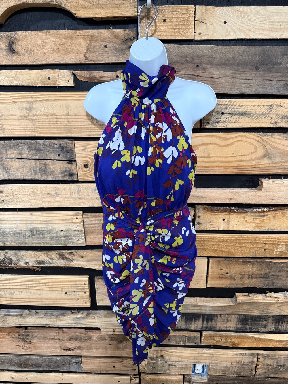 Trina Turk blue floral high-neck silk mini dress with a draped twist detail Sz 4